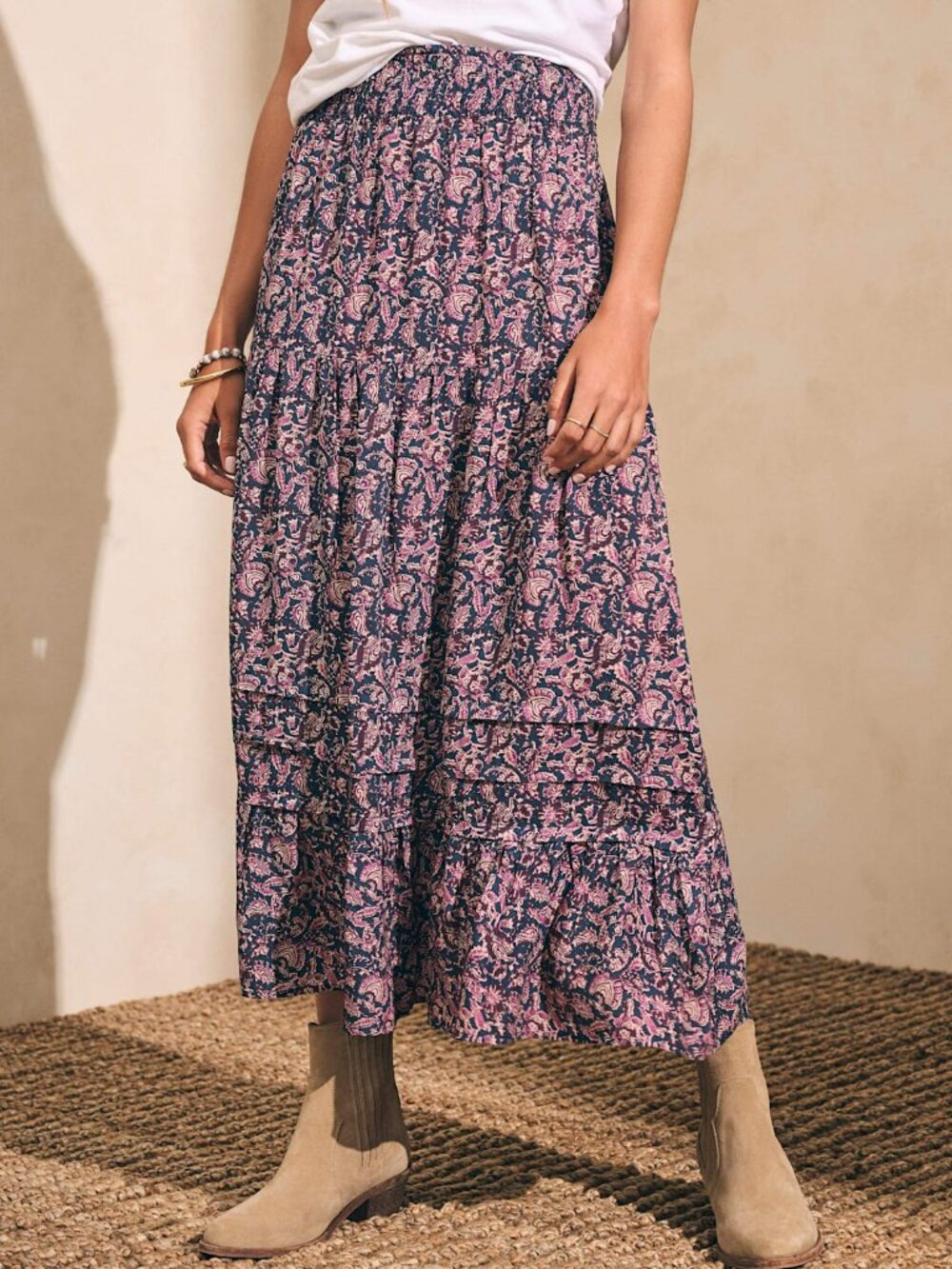 Boho Granola Preppy Cottage Block Print Faherty Purple Navy Maxi Skirt Sz Lg